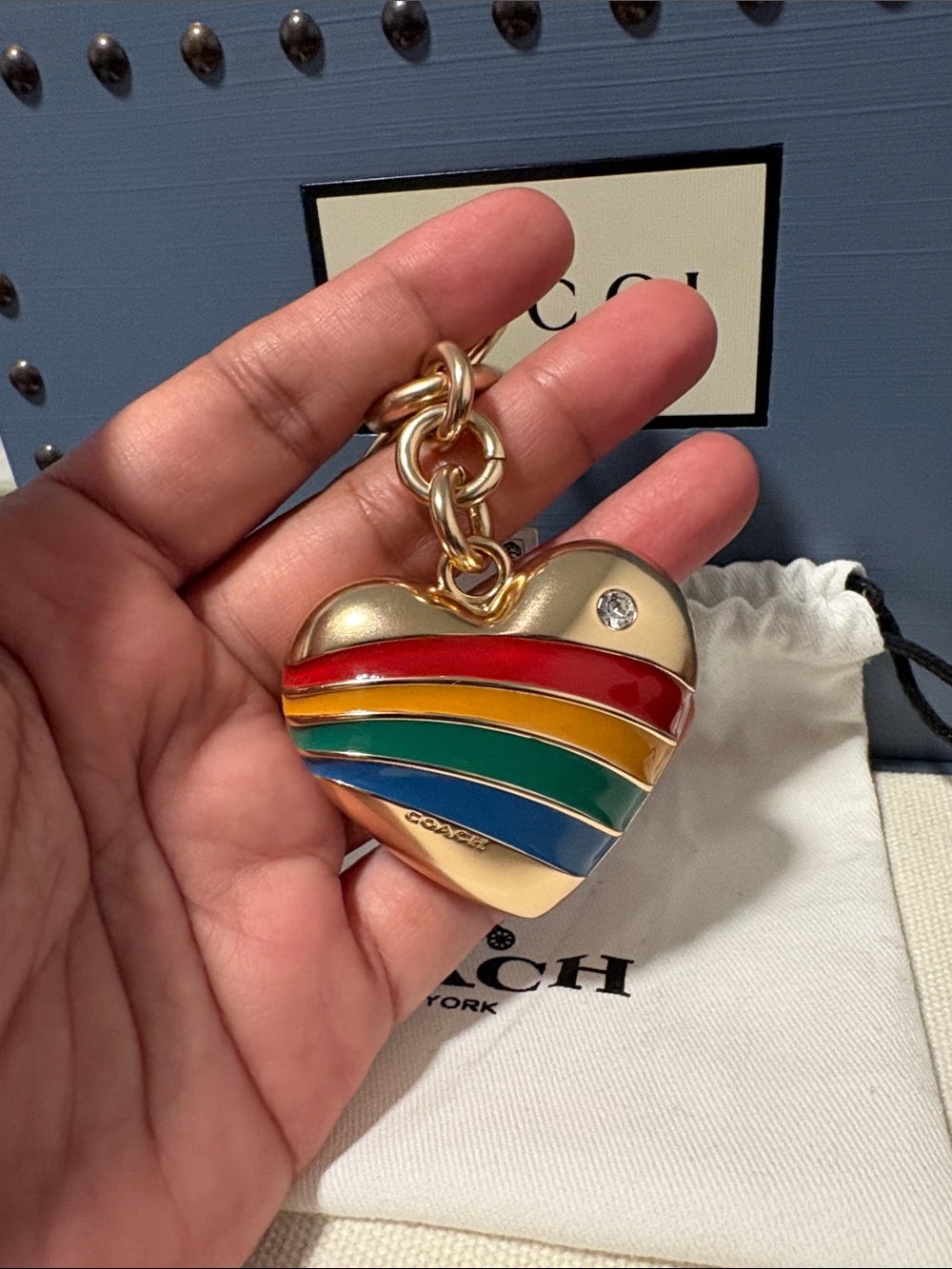 COACH NWT Gold Heart Multicolored Bag Charm Key Chain - Picture 5 of 5